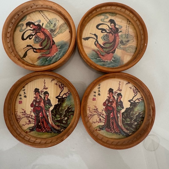Other - Set of Four Oriental Geisha Bamboo Coasters Vintage set of 4